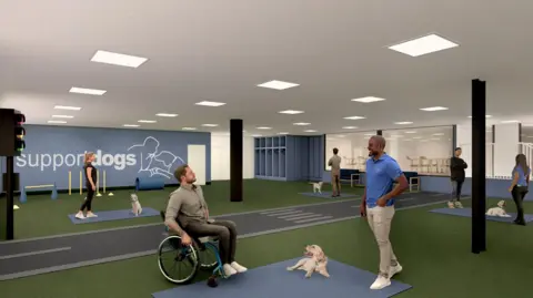 SUPPORT DOGS A mock up image of how the new centre will look inside. There is a crossing layout in the middle of green flooring, with dog training equipment in the background. Dogs lay on the floor, a man in a wheelchair and a dog trainer are in the foreground