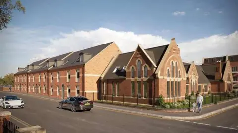 South Kesteven District Council The proposed development. It shows a group of flats near a road.