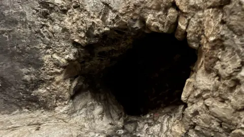 Emma Craig/BBC A deep, large, dark jagged hole cut into rock.