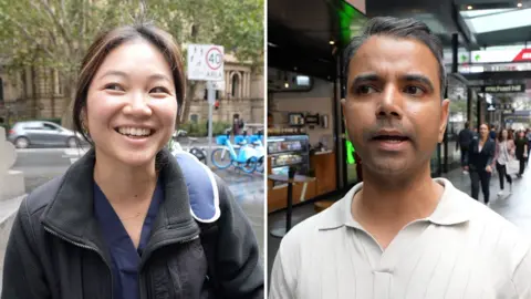 Split screen of woman the left and man on the right, both standing on streets in Sydney city