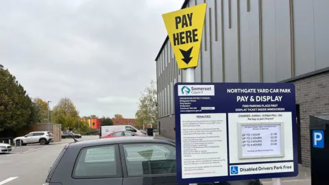 A car parking sign stating it is a 'pay and display' car park. Next to it is a car parked up, while on the right is a grey building.