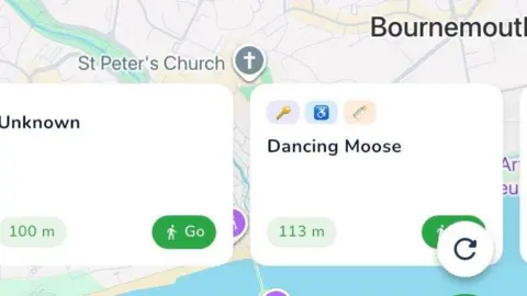 Where to Wee A screen shot of the free 'Where to Wee' app, showing a map of Bournemouth and a couple of suggestions of nearby toilets