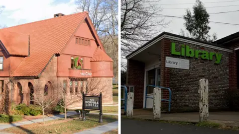 Google/BBC A composite of two library exteriors. The picture on the right shows a brick and flint library with a flat roof in Swaffham. The other library is in the US and has a few pitched rooves with a mini turret style addition to the structure. The building is made of red brick.