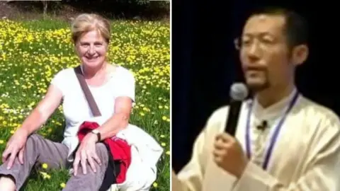 BBC A still taken from a video of a presentation by Hongchi Xiao on Paida Lajin therapy. Xiao wears a long white jacket  and is holding a microphone / Danielle Carr-Gomm smiling and sitting in a grassy field with flowers