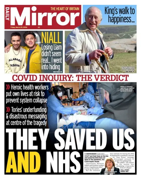 The headline on the front page of the Daily Mirror reads: "They saved us and NHS."