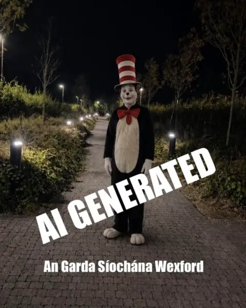 Wexford Garda The full image of the ai-generated Cat in the Hat image shared by Wexford Garda which includes the label "AI GENERATED".