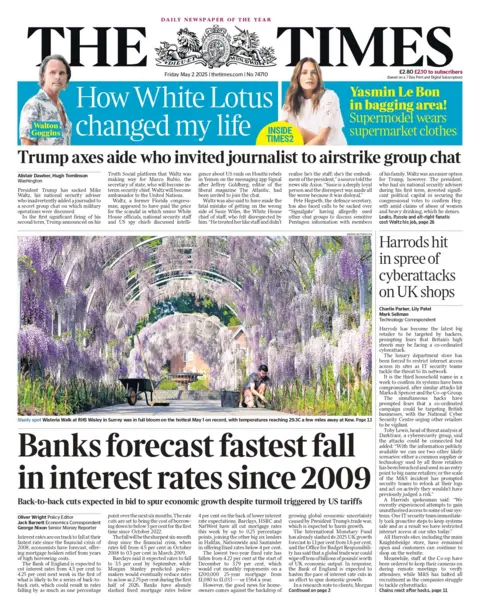 The headline on the front page of The Times reads "banks forecast fastest fall in interest rates since 2009."