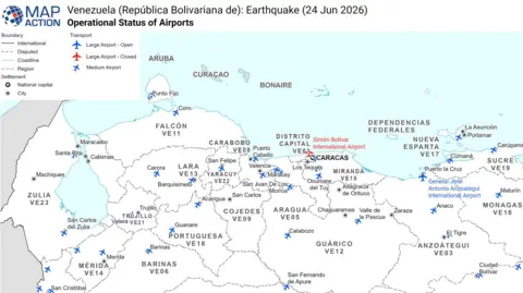 MapAction A MapAction map showing the operational status of airports in Venezuela after the 24 June 2026 earthquake, with open and closed airports marked across the country.