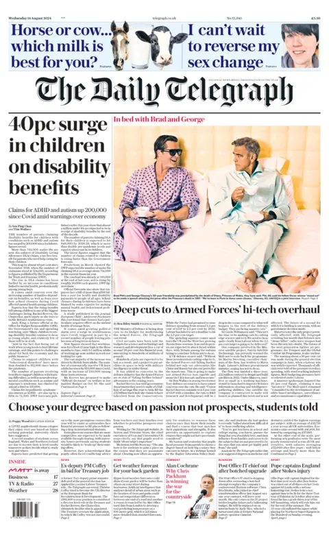 The headline on the front page of the Daily Telegraph reads: “40pc surge in children on disability benefits”