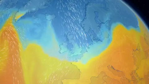 A weather map showing blue cool air coming down from the north in the UK with orange shading showing warm air in Europe
