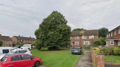 Red brick houses in Timsbury Crescent in Havant. There is an area of grass with a large tree in front of the houses and a number of cars parked on the road.
