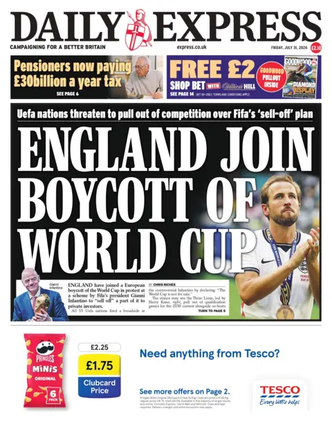 "England join boycott of World Cup," reads the headline on the front page of the Daily Express. 