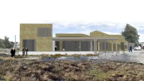 The artist's impression shows a modern building made up of different shaped brick-built buildings. The mock-up includes a number of figures.