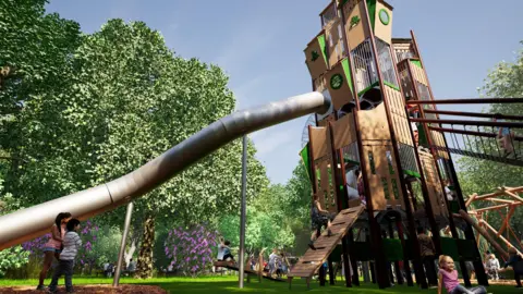 A CGI of how the play tower will look. The brown and green tower is very tall. There is a child climbing up a wooden ramp while another walks up a rope bridge to a higher level. A tubular slide runs from near the top to the ground.