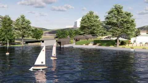 An artist's rendition of the accommodation and boathouse on Windermere in the Lake District. There are three modular sheds by the lake and several trees. There are three yachts on the lake. 