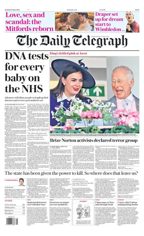 The headline on the front page of the Daily Telegraph reads: "DNA tests for every baby on the NHS"