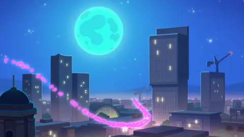 Animation screengrab of a full moon in the night sky above the Beetham Tower and surrounding skyscrapers and cranes in Manchester city centre. Pink flumes are seen between the buildings as the characters take a magical ride on a bed.