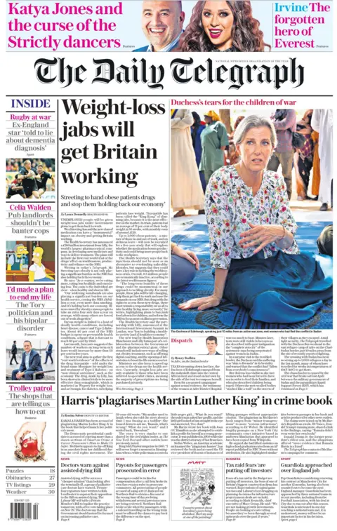 The front page of the Daily Telegraph, headlined with "Weightloss jabs will get Britain working".