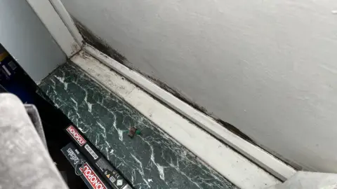 Black mould is visible on a white wall under a windowsill behind a sofa