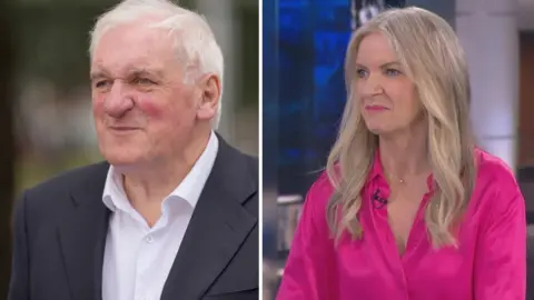 PA Media/RTÉ A composite photo of Bertie Ahern and Joanna Donnelly. Ahern is wearing a black blazer with white shirt and Donnelly is wearing a pink shirt.