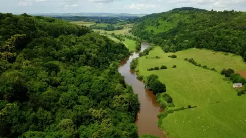 An aerial shot of a brown river, to the left side is thick green woodland, and to the right are fields