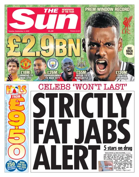 The headline on the front page of the Sun reads: "Strictly fat jabs alert".