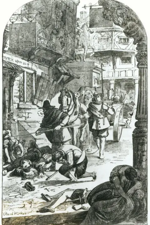 Getty Images A black and white illustration of plague victims collapsed in a London street as armed watchmen stand nearby and buildings lean over the narrow roadway.