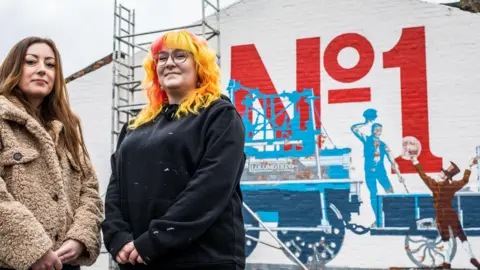 Stockton-on-Tees Borough Council Rebekah Newton and Jess McGowan standing in front of a mural of the famous Locomotion No 1 locomotive. Scaffolding is on the left behind them and a step ladder with paint on it to the right.