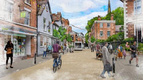 An artists impression of a two-way bus corridor on Dogpole, Shrewsbury launched as part of the town's movement strategy concept