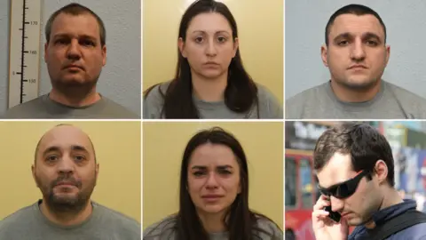 Metropolitan Police handout and social media Composite image of six Bulgarian nationals accused of spying for Russia