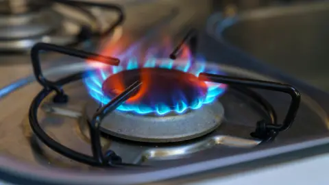 A gas stove with the flame on.