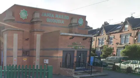 The outside entrance to the Jamia Masjid Ghousia mosque in Armley.