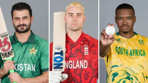A split graphic of Pakistan's Sahibzada Farhan, England's Will Jacks and South Africa's Lungi Ngidi 