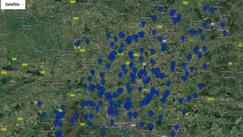 Google/ Hampshire House Martins Project A Google map with blue markers showing the locations of house martins' nests evenly spread across Hampshire