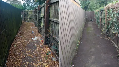 A side by side image of an alley that was cleaned up by the workers. The left is covered in dirt and the right is clean.