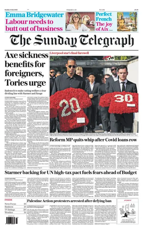 "Axe sickness benefits for foreigners, Tories urge," is the main headline on the Sunday Telegraph