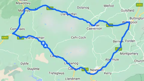 A map showing the length of diversion on the A470