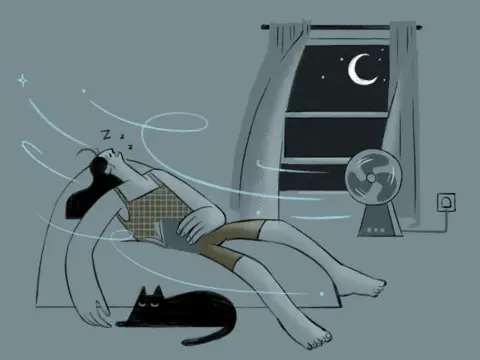 Stylised illustration of a person asleep in a chair at night while a fan blows cool air across the room. The person is reclining with eyes closed and “Z” symbols above the head, wearing a checked sleeveless top and shorts. Curved blue lines show airflow moving around the room. A black cat lies curled up on the floor beneath the chair. In the background, an open-curtained window reveals a dark night sky with a crescent moon and stars. A small electric fan sits on a table beside the window, plugged into a wall socket. The image uses muted grey, black, olive green and pale blue tones.