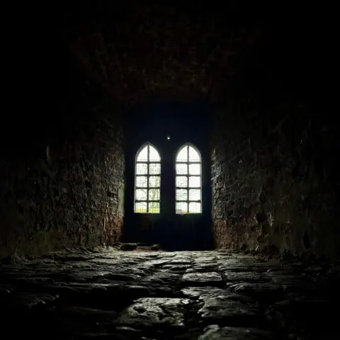 National Trust A dark basement in a castle, with a window where light comes through and illuminates the cobbles and stones on the ancient floor 