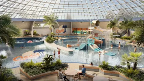 Seven Capital An artist impression of the new lagoon, with new water slides and wave sections beneath the famous dome