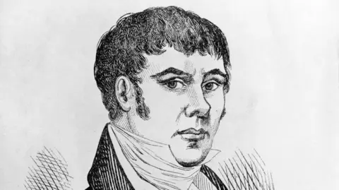 A sketch of William Corder, a man with short dark hair, sideburns and a high 1820s-style white collar