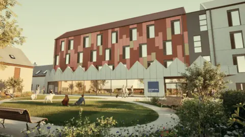 Bracewell The visualisation shows a block-like building with a brown decorative wall and a ground floor with a glass frontage.