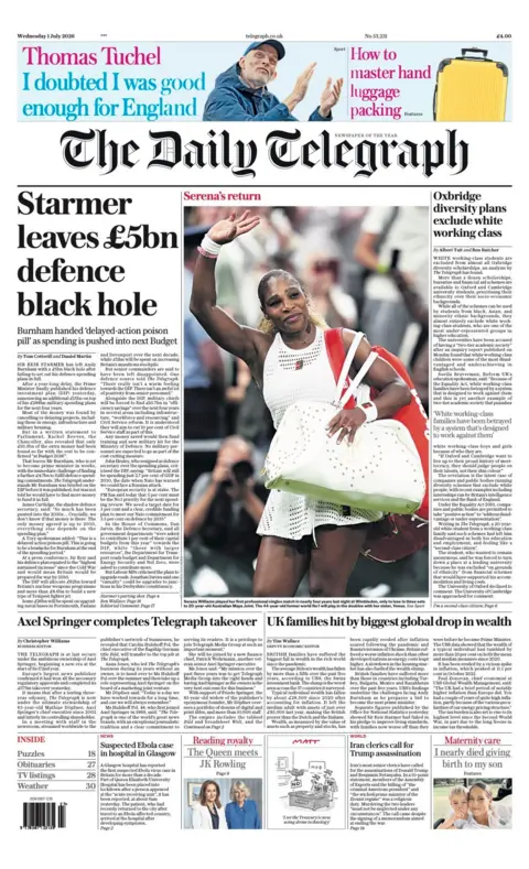 "Starmer puts Burnham in £5bn defence black hole" reads the headline on the front page of the Telegraph.