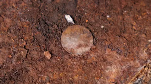 An ancient coin on a rusty surface 