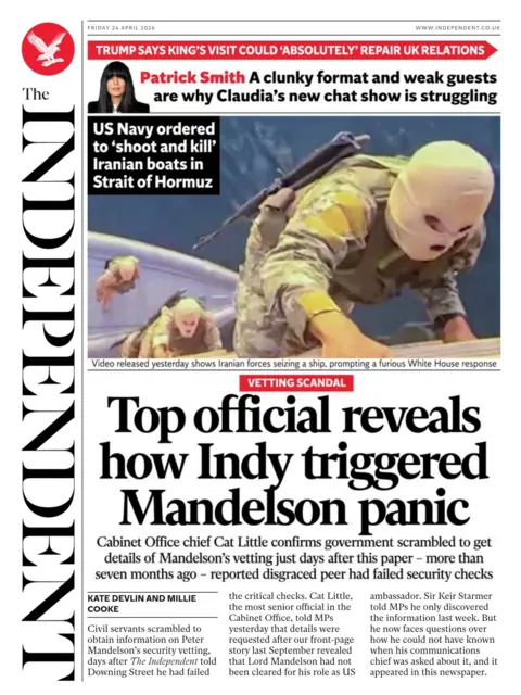 "Top officials reveals how Indy triggered Mandelson panic" reads the headline on the front page of the Independent.