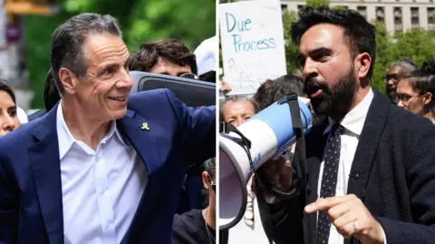 In a split image, Andrew Cuomo is wearing a white shirt and blue blazer and is smiling nand waving and Zohran Mamdani's speaking with a megaphone wearing a white shirt, dotted dark tie and dark blazer. Both are outside in the sun at what look to be public events