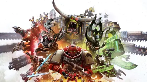 An artist's rendering shows a space marine in red armour standing in front of a mass of grotesque enemies - they are a mass of orcs, robots and weapons.