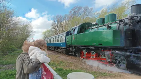 Mum and child, standing on the fence, watching a green train pass by.