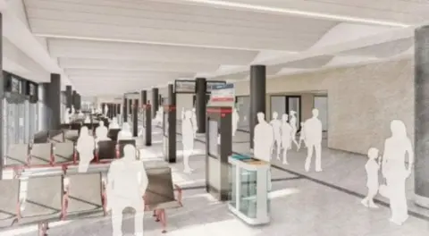 Kirklees Council A mock image of how the bus station could look inside, with people sat on chairs and walking around