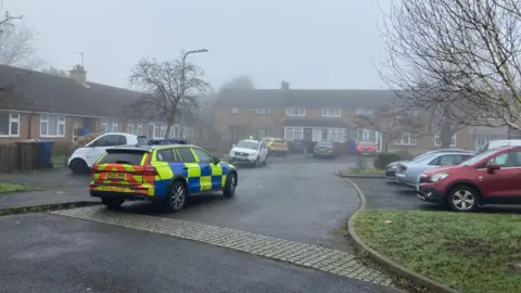 The corner of a residential street on a misty day with a police car parked at the side of the road on the left and another parked in a house's driveway in the distance. A number of other non-emergency vehicles are parked in driveways and at the side of the street.